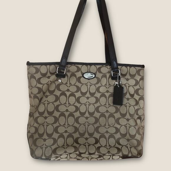 Authentic Coach Jacquard Monogram Tote Purse Brown Tan with Leather Trim - Picture 1 of 15